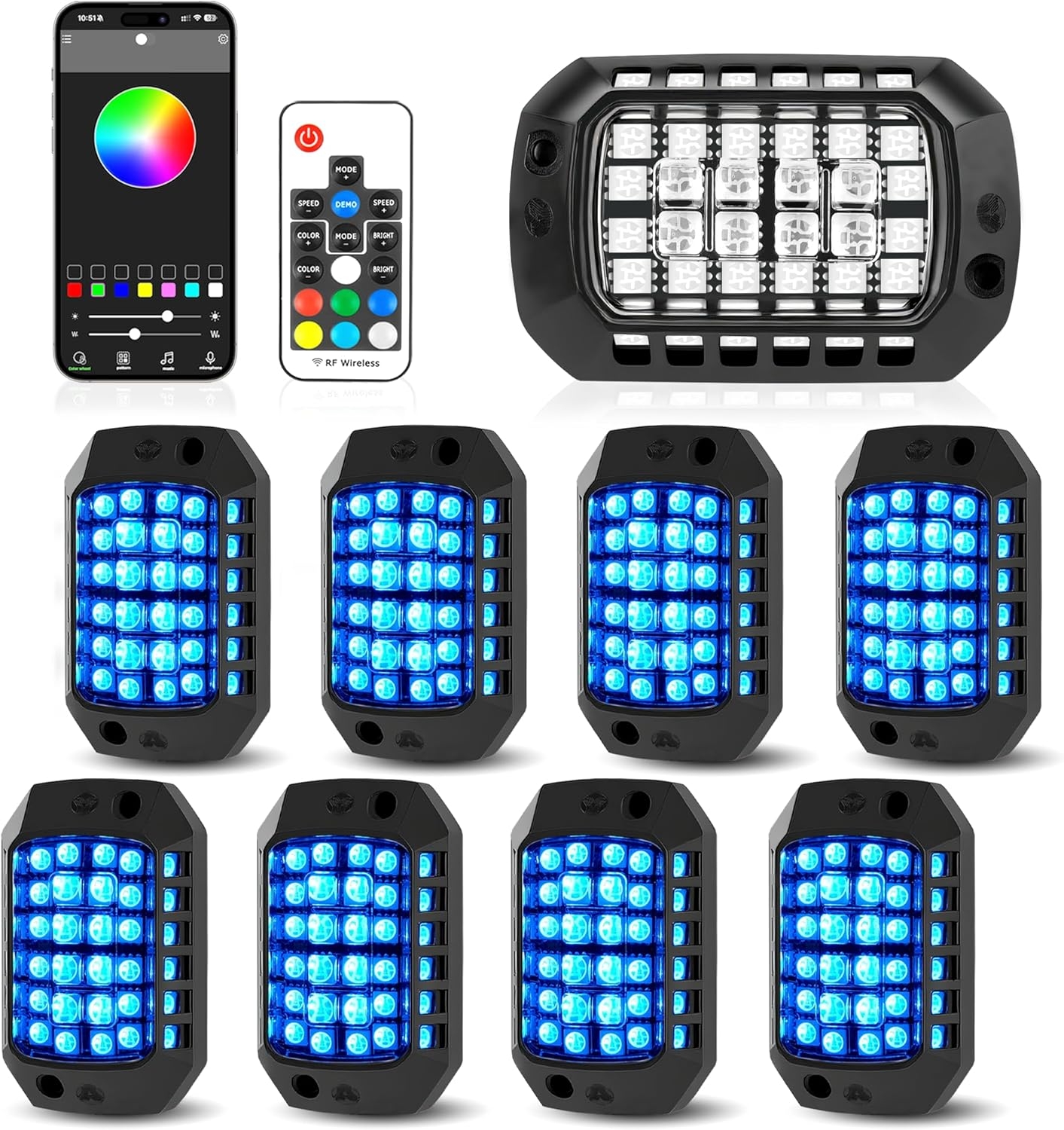 8 Pods Full Angle RGB Rock Lights Compatible with 12V Trucks Jeep UTV SUV ATV Boat Golf Cart, Waterproof, Multi-Color,Brake Light, App/Remote Control Led Rock Lights with Music Mode - Image 30