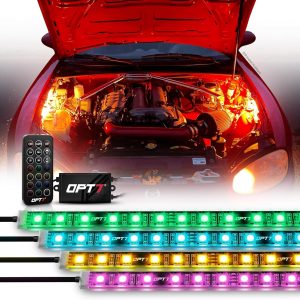 OPT7 Aura Engine Bay RGB LED Light Kit with Remote Control, 4 pc 12″ Waterproof Under Hood Light Strips, Multicolor Mode, Exterior Neon Accent Lighting for Cars Trucks SUVs Vans, Universal Car Decor