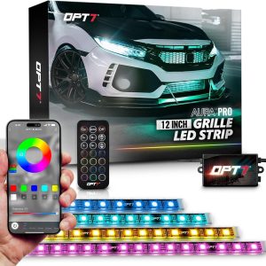 OPT7 Aura Pro RGB LED Grille Lights with App & Remote Control, 4pcs 12″ Light Strips, Waterproof Front Grill Valence, Music Sync, Multi-Color Exterior Lighting Kit, Universal for Cars Trucks Vans SUV