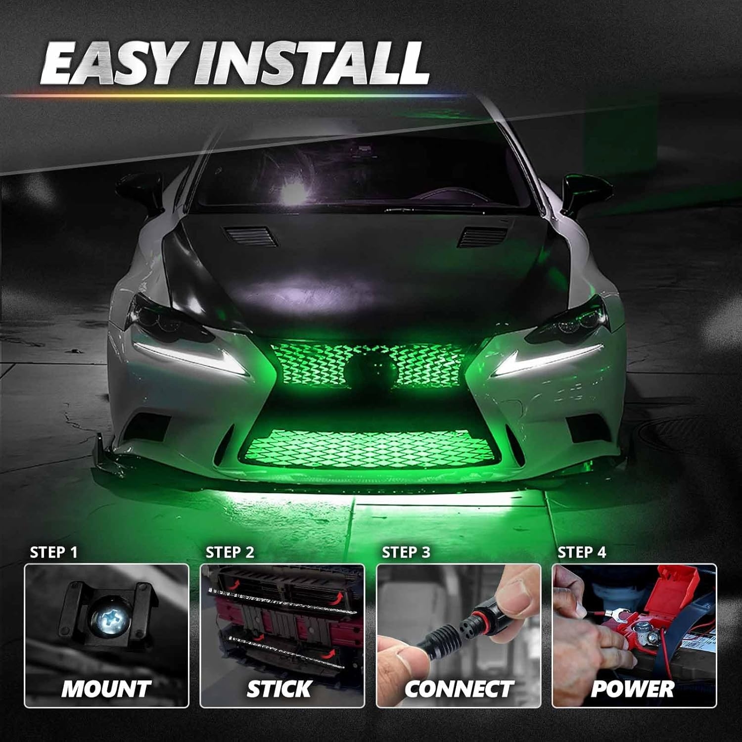 OPT7 Aura Pro RGB LED Grille Lights with App & Remote Control, 4pcs 12" Light Strips, Waterproof Front Grill Valence, Music Sync, Multi-Color Exterior Lighting Kit, Universal for Cars Trucks Vans SUV - Image 6