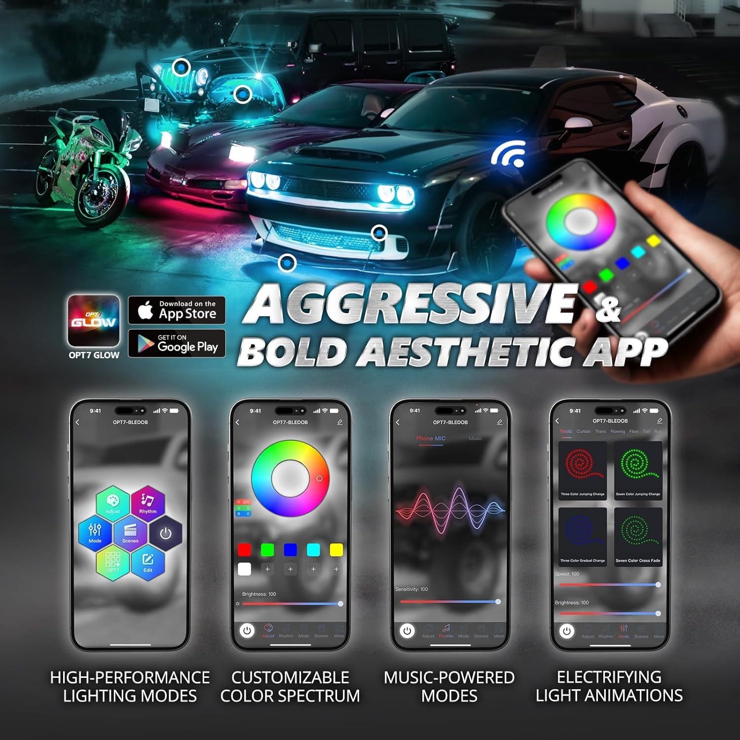 OPT7 Aura Pro RGB LED Grille Lights with App & Remote Control, 4pcs 12" Light Strips, Waterproof Front Grill Valence, Music Sync, Multi-Color Exterior Lighting Kit, Universal for Cars Trucks Vans SUV - Image 11