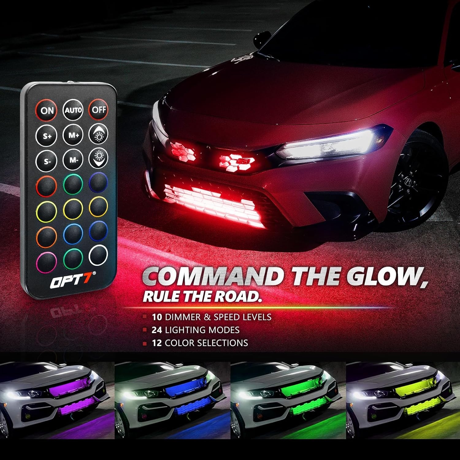 OPT7 Aura Pro RGB LED Grille Lights with App & Remote Control, 4pcs 12" Light Strips, Waterproof Front Grill Valence, Music Sync, Multi-Color Exterior Lighting Kit, Universal for Cars Trucks Vans SUV - Image 12