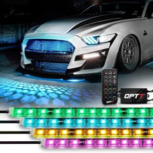 OPT7 Aura 4PCS RGB LED Grille Lights with Remote Control, 12 inches Waterproof LED Strip Lights, Multicolor, Dimmer, Fade, Cycle, Strobe, Peel’n’Stick Front Grill Valence, Car Truck SUV Decorations