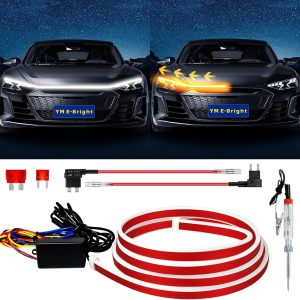 Dynamic Scan Start Up Hood Light Strip Sequential Flowing Turn Signal Lights Flexible DRL Daytime Running Car Led Light Strip Exterior, Dual Color Amber White Switchback 12V 79inch (1 Set)