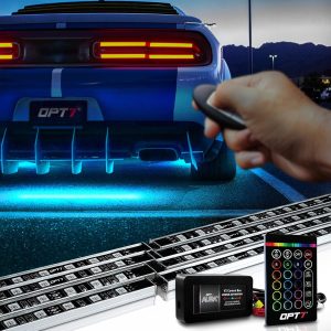 OPT7 Aura Aluminum Underglow Lighting Kit w/Keyless Unlock Light, 4pcs Exterior Neon Accent LED Underbody Strip, Multicolor Modes, Waterproof, Soundsync, Door Assist, Remote Control, Car Truck RV