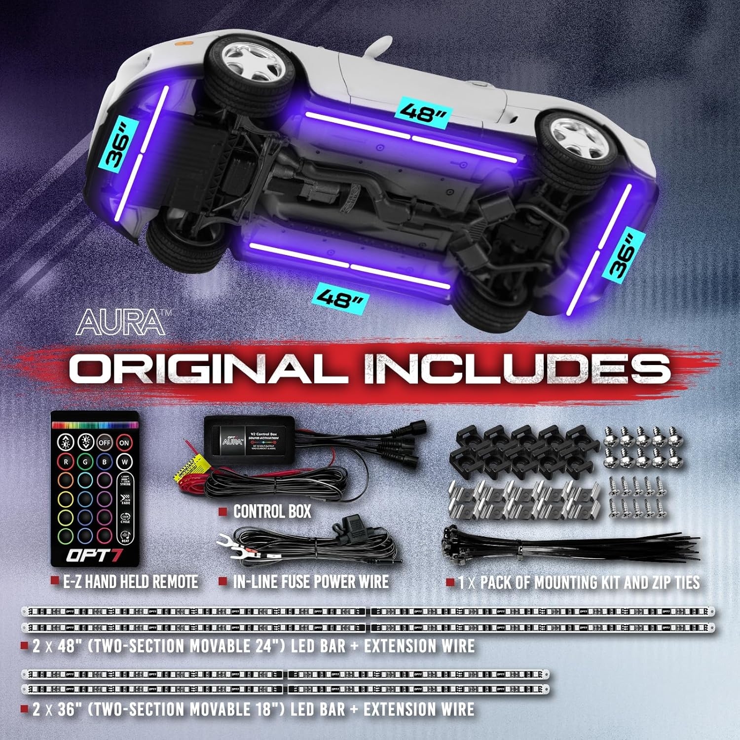 OPT7 Aura Aluminum Underglow Lighting Kit w/Keyless Unlock Light, 4pcs Exterior Neon Accent LED Underbody Strip, Multicolor Modes, Waterproof, Soundsync, Door Assist, Remote Control, Car Truck RV - Image 2