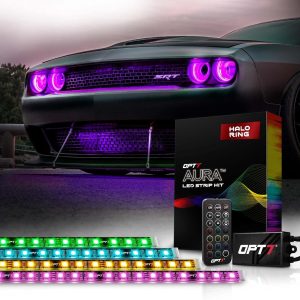 OPT7 Aura Halo Lights DRL for 2008-2023 Dodge Challenger with Remote Control, RGB Multicolor LED Neon Lighting Kit, Demon Eye, Angel Eye, Headlight Accessories, Easy Installation, Car Decor Assemblies