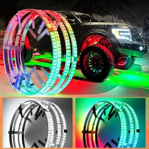 Adjustable 14-18inch 2-Rows Adjustable Wheel Ring Lights, RGBW Wheel Lights for Truck, LED Chases Dancing Color Rim Lights Fit for All Truck Pickup Car SUV Off-Road 4 Wheels Vehicle