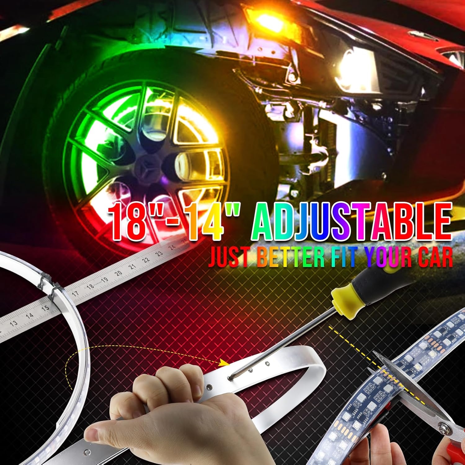 Adjustable 14-18inch 2-Rows Adjustable Wheel Ring Lights, RGBW Wheel Lights for Truck, LED Chases Dancing Color Rim Lights Fit for All Truck Pickup Car SUV Off-Road 4 Wheels Vehicle - Image 2