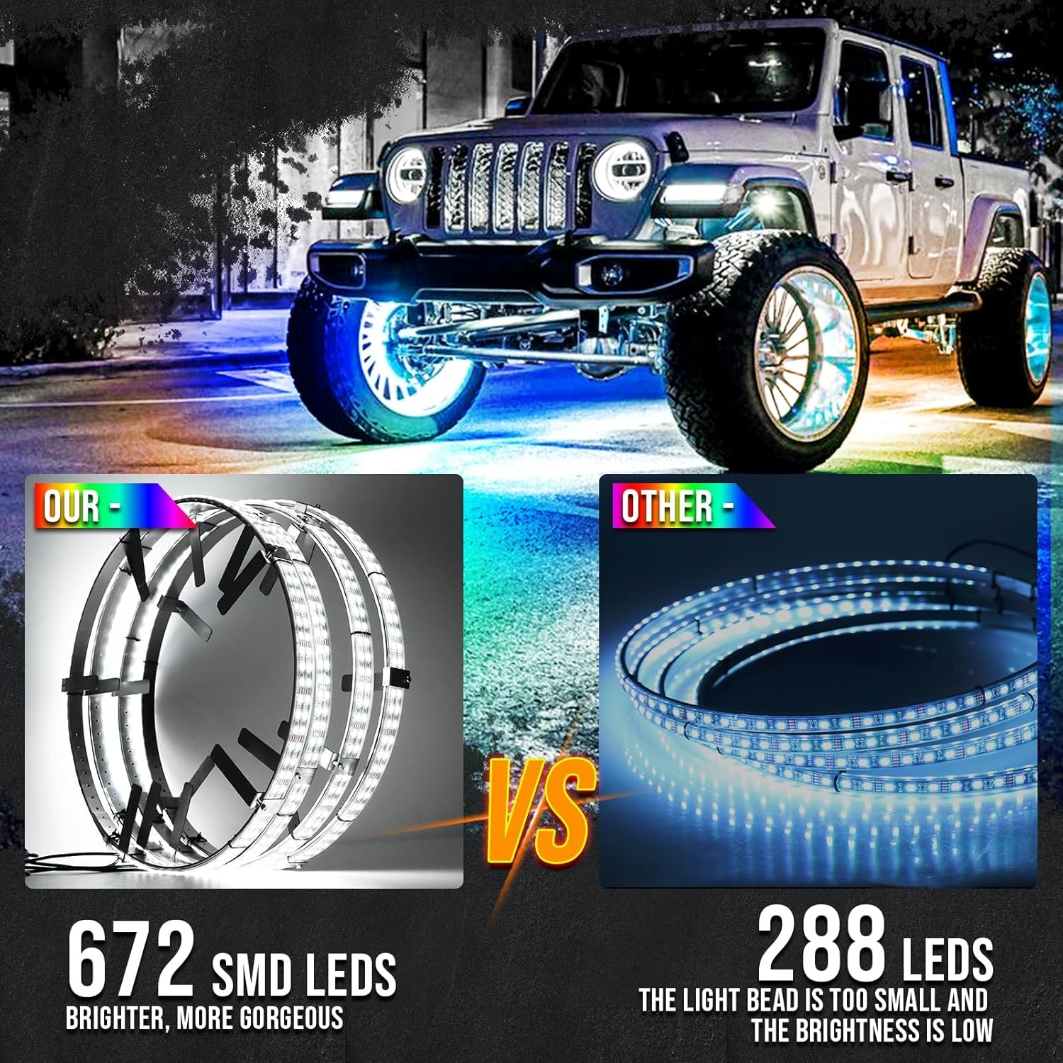 Adjustable 14-18inch 2-Rows Adjustable Wheel Ring Lights, RGBW Wheel Lights for Truck, LED Chases Dancing Color Rim Lights Fit for All Truck Pickup Car SUV Off-Road 4 Wheels Vehicle - Image 3
