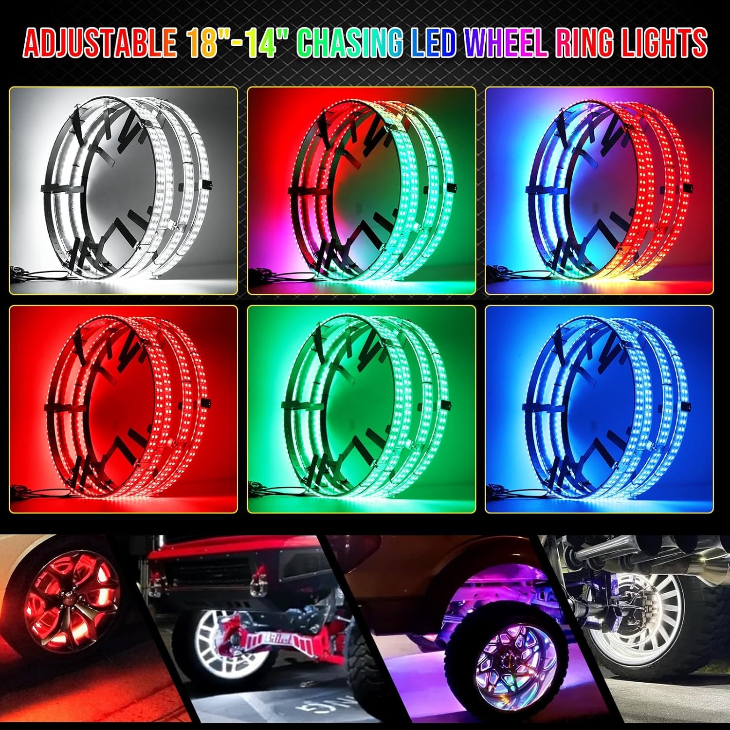 Adjustable 14-18inch 2-Rows Adjustable Wheel Ring Lights, RGBW Wheel Lights for Truck, LED Chases Dancing Color Rim Lights Fit for All Truck Pickup Car SUV Off-Road 4 Wheels Vehicle - Image 4