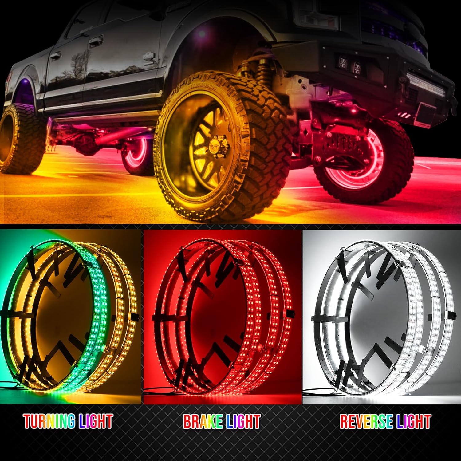 Adjustable 14-18inch 2-Rows Adjustable Wheel Ring Lights, RGBW Wheel Lights for Truck, LED Chases Dancing Color Rim Lights Fit for All Truck Pickup Car SUV Off-Road 4 Wheels Vehicle - Image 6