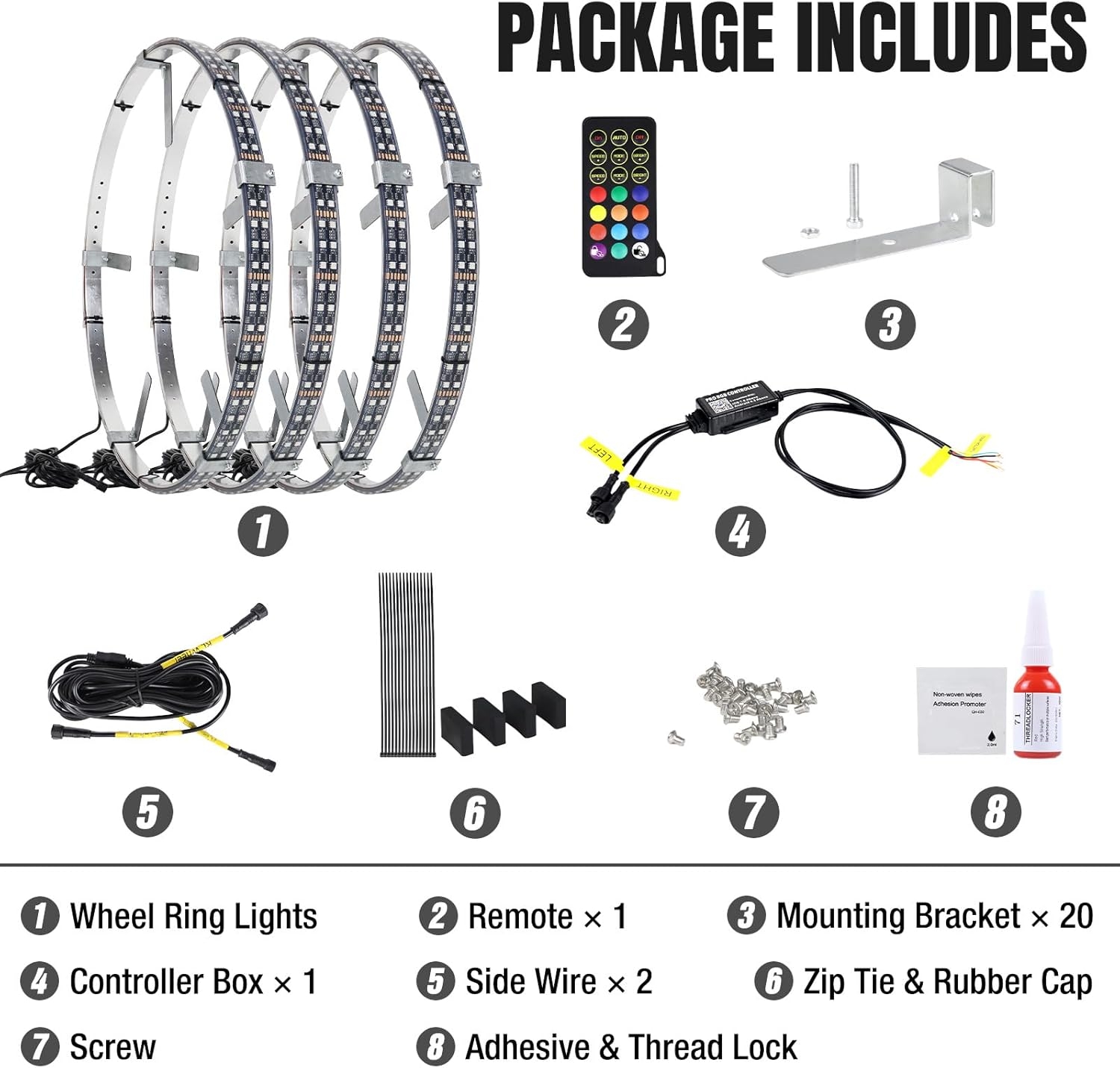 Adjustable 14-18inch 2-Rows Adjustable Wheel Ring Lights, RGBW Wheel Lights for Truck, LED Chases Dancing Color Rim Lights Fit for All Truck Pickup Car SUV Off-Road 4 Wheels Vehicle - Image 7
