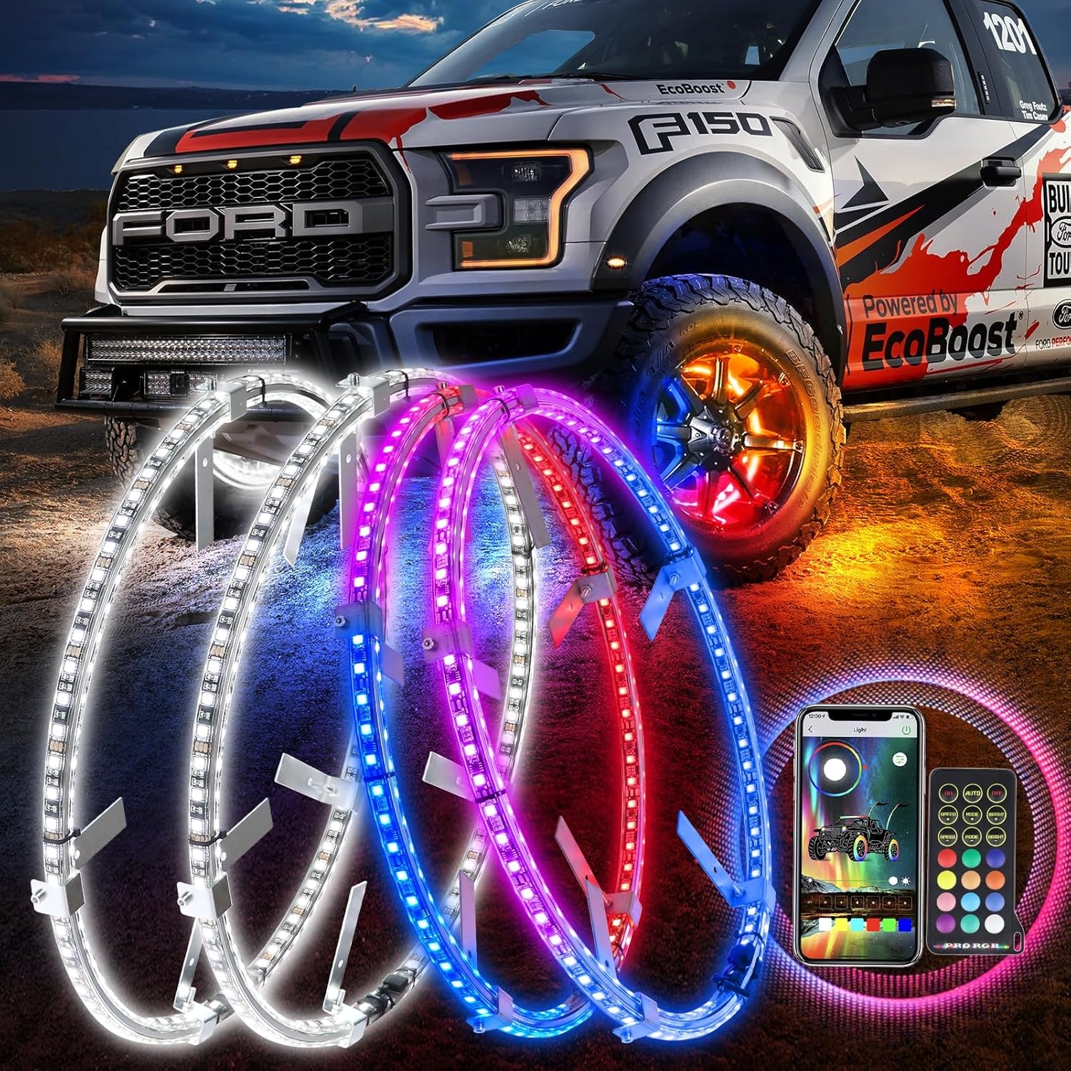 Adjustable 14-18inch 2-Rows Adjustable Wheel Ring Lights, RGBW Wheel Lights for Truck, LED Chases Dancing Color Rim Lights Fit for All Truck Pickup Car SUV Off-Road 4 Wheels Vehicle - Image 8