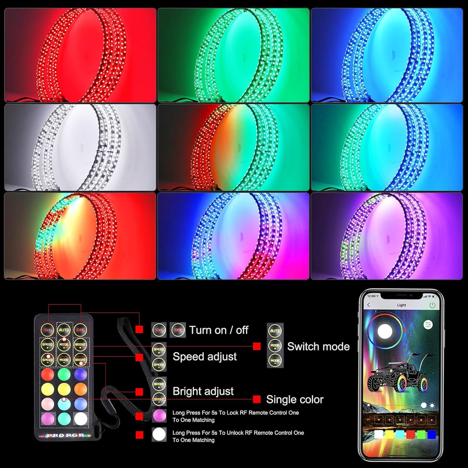 Adjustable 14-18inch 2-Rows Adjustable Wheel Ring Lights, RGBW Wheel Lights for Truck, LED Chases Dancing Color Rim Lights Fit for All Truck Pickup Car SUV Off-Road 4 Wheels Vehicle - Image 11