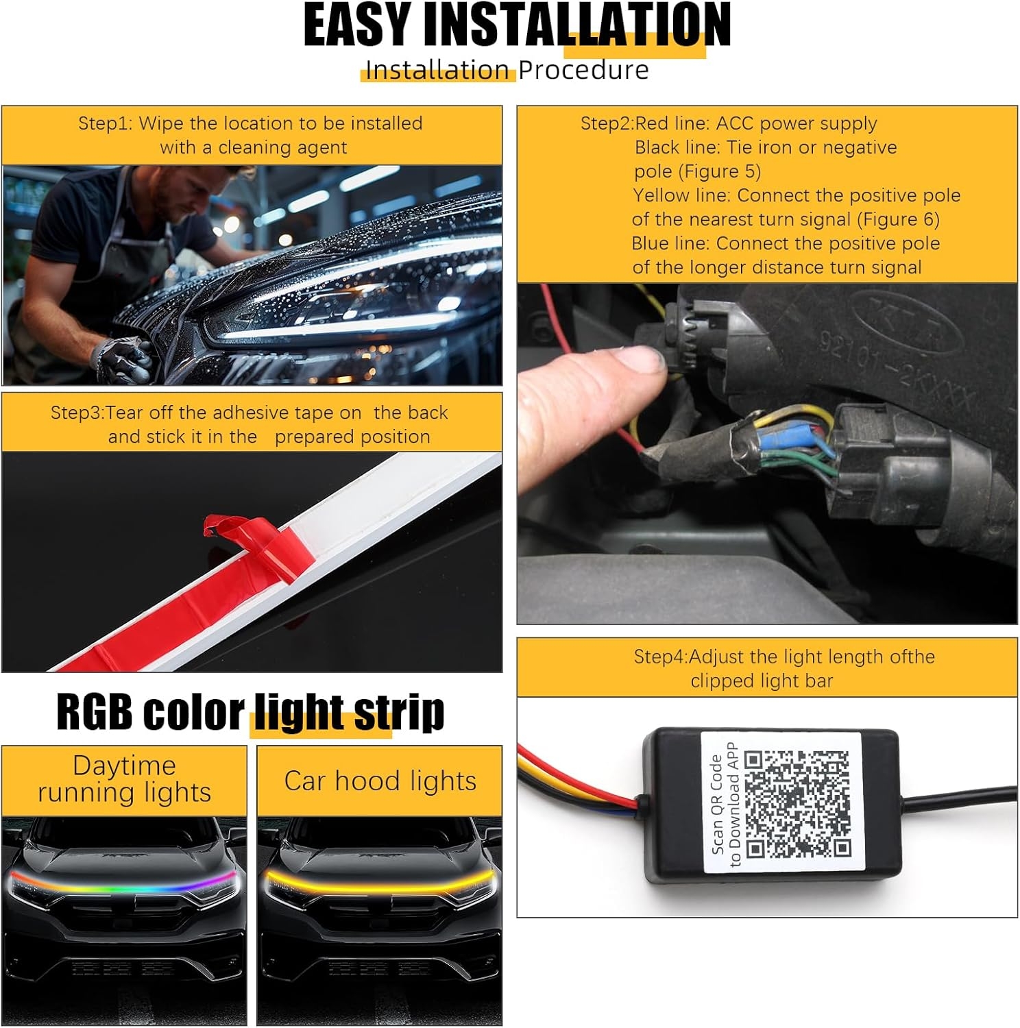 DREAMIZER 71" 12V RGB Car LED Lights Exterior Flexible Hood Light Strip,IP68 Waterproof Dynamic Car LED Strip Light with Turn Signal for Cars Truck SUV,APP Control - Image 5