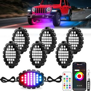 6 Pods Metal Aluminum RGB Rock Lights for Trucks Jeep UTV SUV ATV Golf Cart, Multi Chasing Color App/Remote Control Led Rock Lights with Music Mode, Waterproof Exterior Underglow Kits for Cars