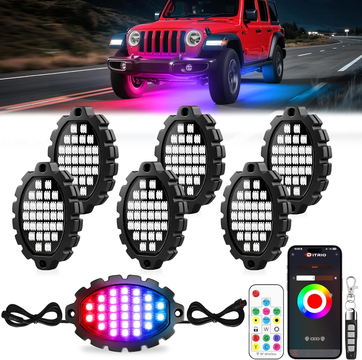 6 Pods Metal Aluminum RGB Rock Lights for Trucks Jeep UTV SUV ATV Golf Cart, Multi Chasing Color App/Remote Control Led Rock Lights with Music Mode, Waterproof Exterior Underglow Kits for Cars