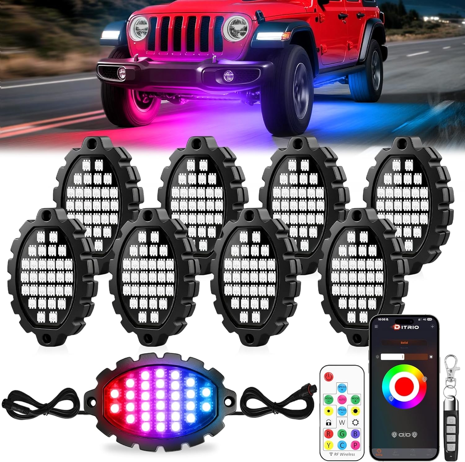 6 Pods Metal Aluminum RGB Rock Lights for Trucks Jeep UTV SUV ATV Golf Cart, Multi Chasing Color App/Remote Control Led Rock Lights with Music Mode, Waterproof Exterior Underglow Kits for Cars - Image 8