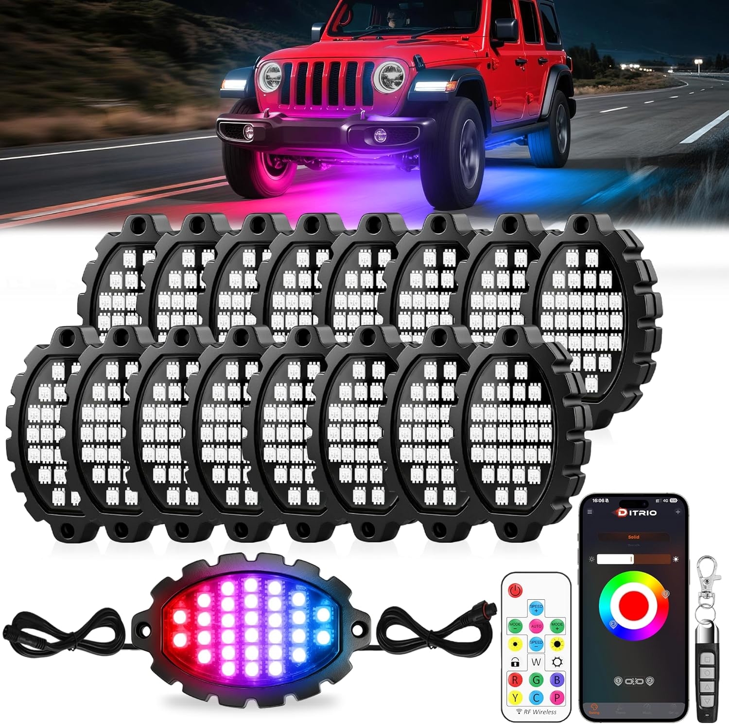 6 Pods Metal Aluminum RGB Rock Lights for Trucks Jeep UTV SUV ATV Golf Cart, Multi Chasing Color App/Remote Control Led Rock Lights with Music Mode, Waterproof Exterior Underglow Kits for Cars - Image 10