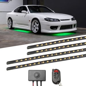 LEDGlow 4pc Green Flexible Car Slimline LED Underbody Underglow Accent Neon Lighting Kit – 4 Unique Patterns – Water Resistant, Low Profile Tubes – Includes Control Box & Remote