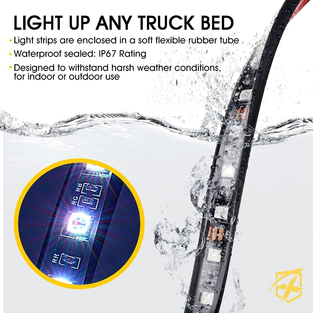 Xprite 60" RGB Truck Bed Bluetooth Lights Kit, Neon Accent Exterior Glow Rails Light Strips w/APP Control - Wireless Remote, for Cargo, Tonneau Cover, Pickup Trucks, Van, SUV, Camper RV, Boat - 2PCS - Image 2