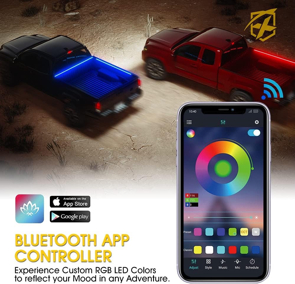 Xprite 60" RGB Truck Bed Bluetooth Lights Kit, Neon Accent Exterior Glow Rails Light Strips w/APP Control - Wireless Remote, for Cargo, Tonneau Cover, Pickup Trucks, Van, SUV, Camper RV, Boat - 2PCS - Image 4