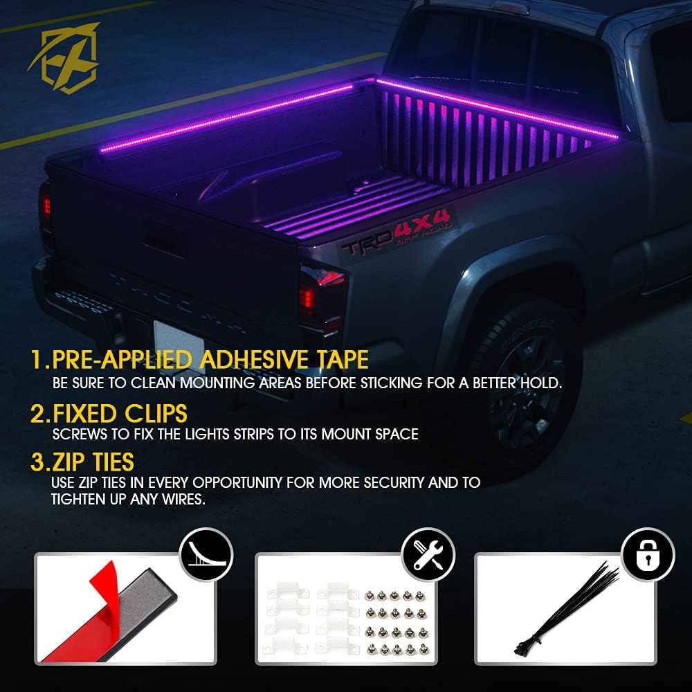 Xprite 60" RGB Truck Bed Bluetooth Lights Kit, Neon Accent Exterior Glow Rails Light Strips w/APP Control - Wireless Remote, for Cargo, Tonneau Cover, Pickup Trucks, Van, SUV, Camper RV, Boat - 2PCS - Image 9
