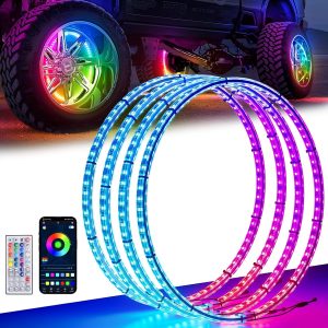 Ehaho 17″ Double Row Wheel Lights, Brighter RGB Dream Chasing LED Rim Lights with App & Remote Control, Music Wheel Ring Light with Turn & Braking Signal Compatible with Various Trucks SUV Car（4PCS）