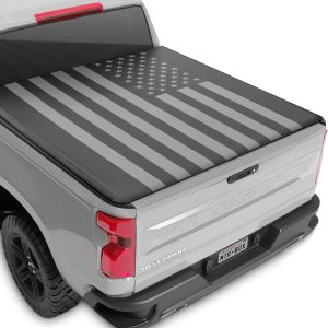 Tri-Fold Truck Tonneau Cover for Chevy Silverado 1500 / GMC Sierra 1500 (2014-2018) with 6.6 ft Bed Length, All-Weather Soft Folding Truck Bed Cover with Black/Gray Flag