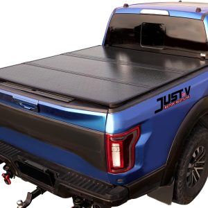 Just-V Hard Tri-Fold Truck Bed Tonneau Cover for Dodge Ram 1500 2019-2024 Only Fit Quad Cab 6.4FT Bed, Not Fit Track System, Roll Bar Multifunction Tailgate, Solid FRP Textured Black