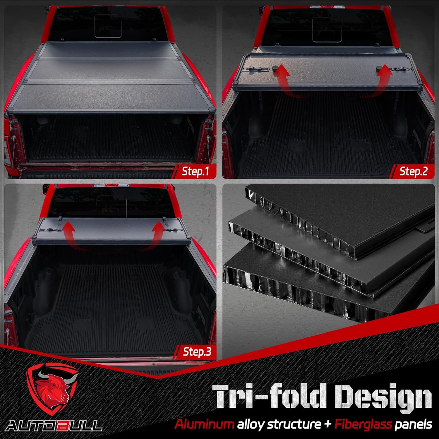 Hard Top Tri Fold tonneau Cover Compatible with 1994-2025 Dodge Ram 1500 2500 3500 8ft Bed (96.3"), Alloy Steel and Fiberglass Made - Image 3