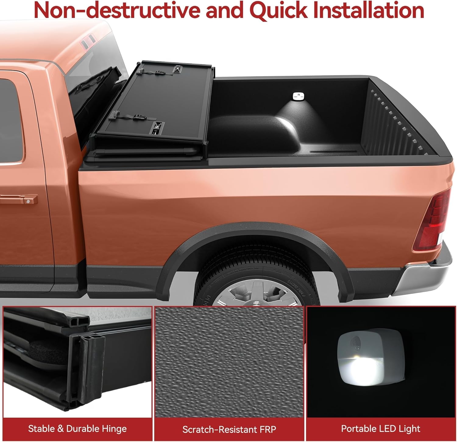 LEDKINGDOMUS Hard Trifold FRP Truck Bed Tonneau Cover Fits for 2009-2024 Dodge Ram 1500 Classic Only | 5.7ft Bed w/o Ram Box - Image 4