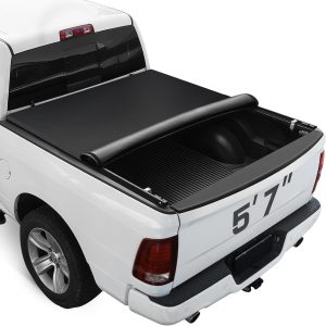 Soft Roll-up Truck Bed Tonneau Cover Compatible with 2009-2025 Dodge Ram 1500 (Incl. Classic & New), 5’7″ Bed All-Weather Black Truck Bed Cover.