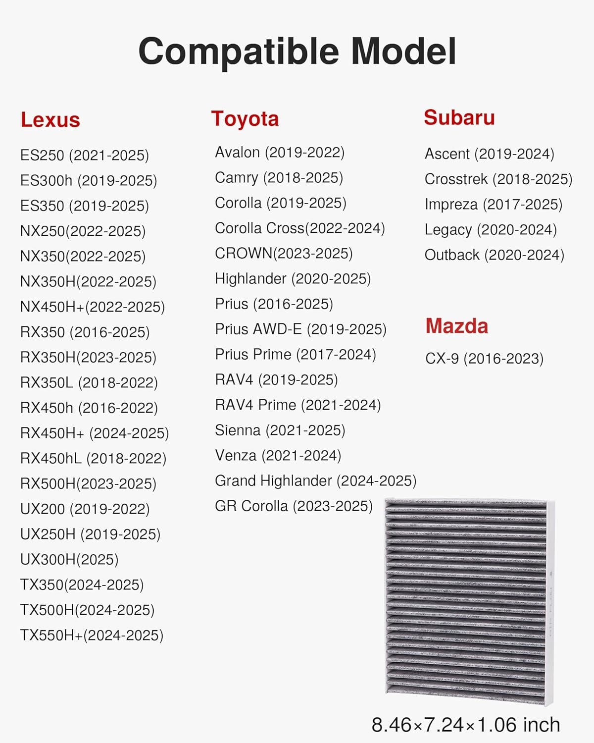 Puroma 1 Pack Cabin Air Filter with Activated Carbon, Replacement for CP157, CF12157, Select Lexus, Mazda, Subaru and Toyota Avalon, Camry, Corolla, Highlander, Prius, RAV4, Sienna, Venza - Image 5