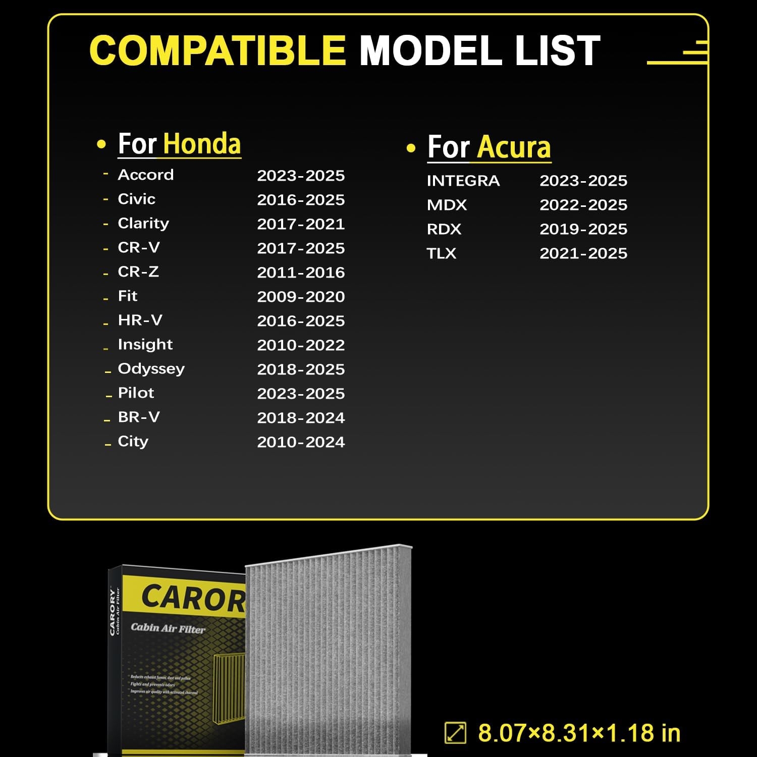 Cabin Air Filter w/Activated Carbon for Some 2011-2025 Honda, Acura Models - CR-V, Civic, Fit, HR-V, Odyssey, Insight, RDX, MDX, TLX, Integra, Clarity, CR-Z - Image 2