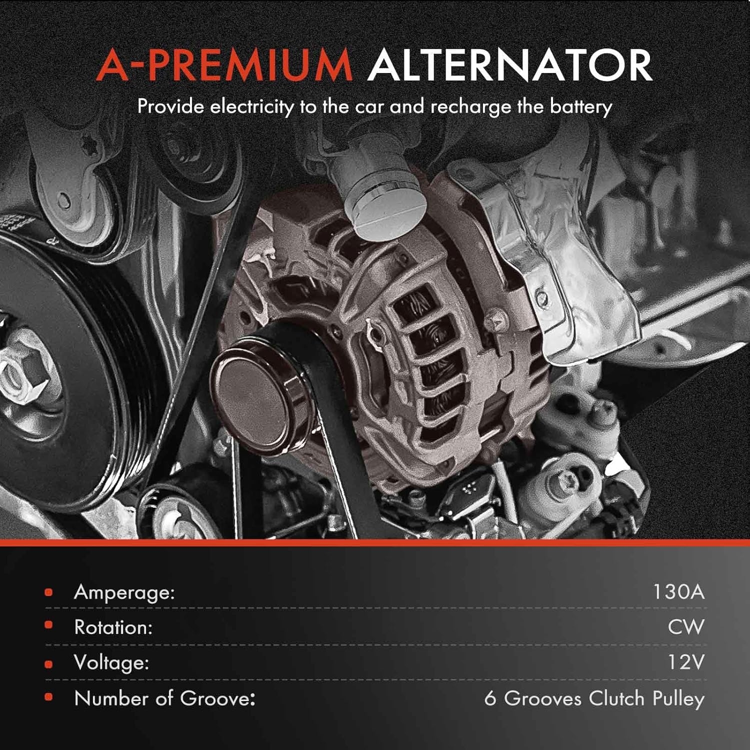 A-Premium Alternator Compatible with Kia Soul 2017-2019, Rio 2018-2019, Seltos 2021 - Hyundai Accent 2018-2019, 1.6L, 12V 130A 6-Groove Clutch Pulley Clockwise, Replace 2626125, 373002B970 - Image 2