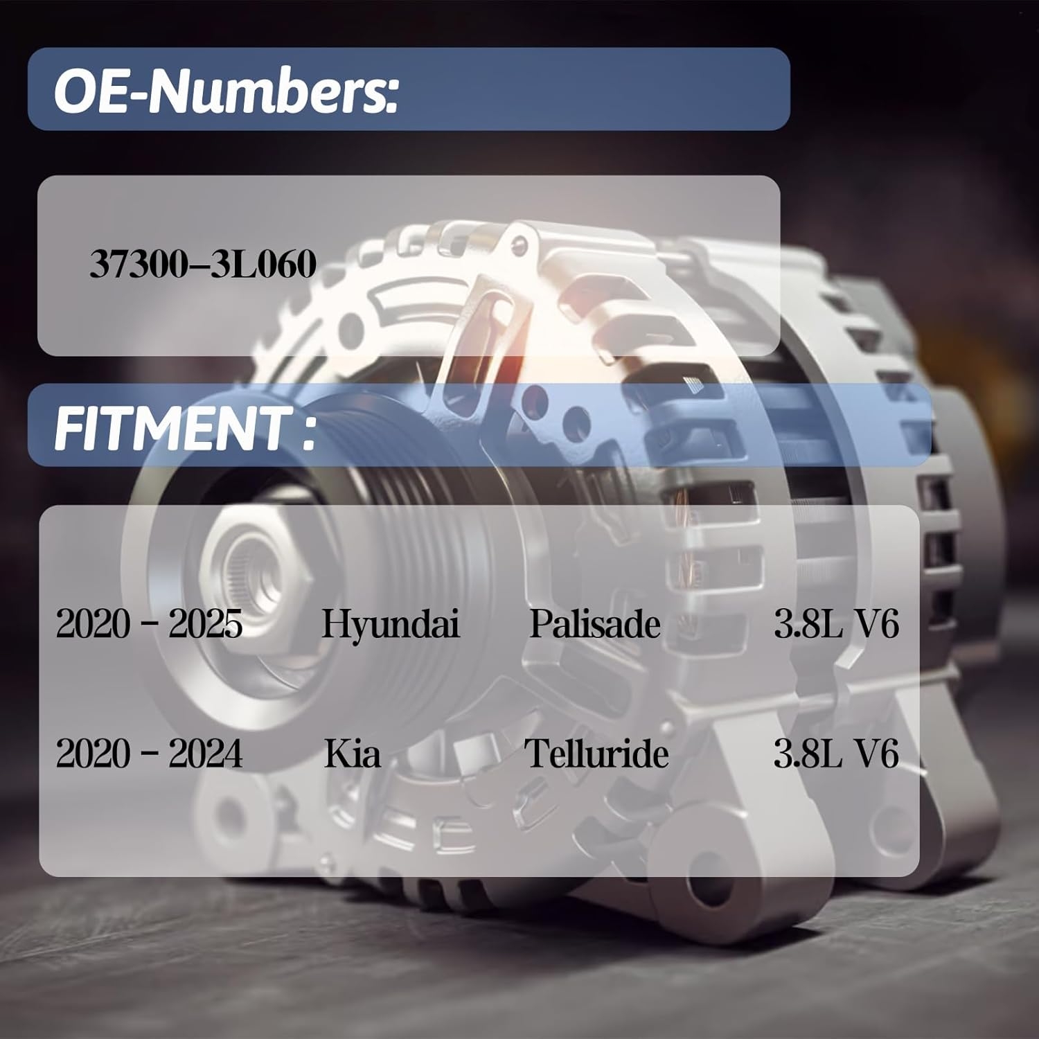 Alternator Replace 37300-3L060 Compatible with Hyundai Palisade 2020-2025 3.8L V6 Compatible with Kia Telluride 2020-2024 3.8L V6 13.5V 180A 6-Groove Pulley Clockwise - Image 2