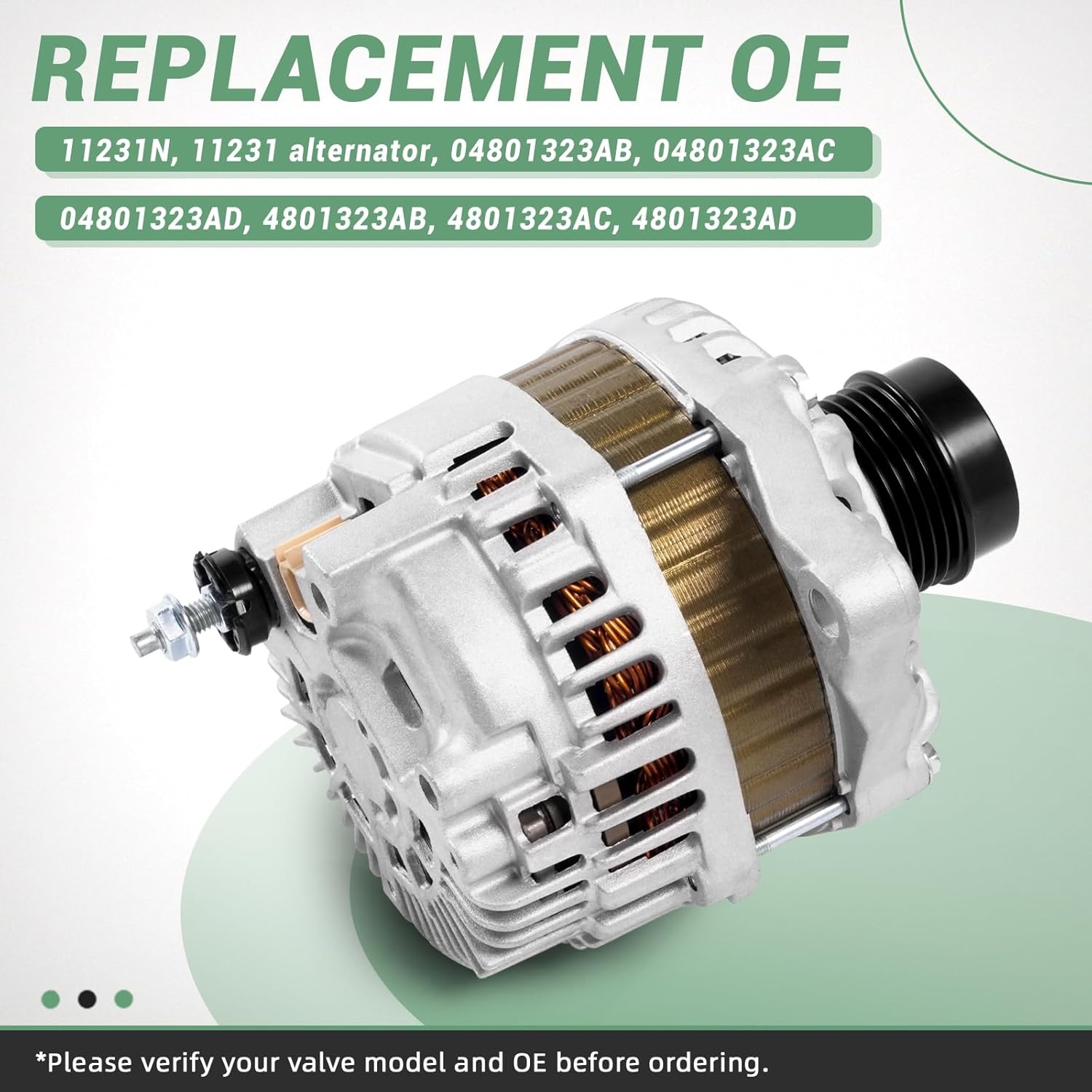 11231N Alternator-115A Fits for Chrysler 200/Cirrus/Sebring Dodge Avenger/Caliber Jeep Compass/Patriot, L4 2.0L/2.4L, 2007-2017 - 12V Clockwise, 6-Groove Clutch Pulley - Image 2