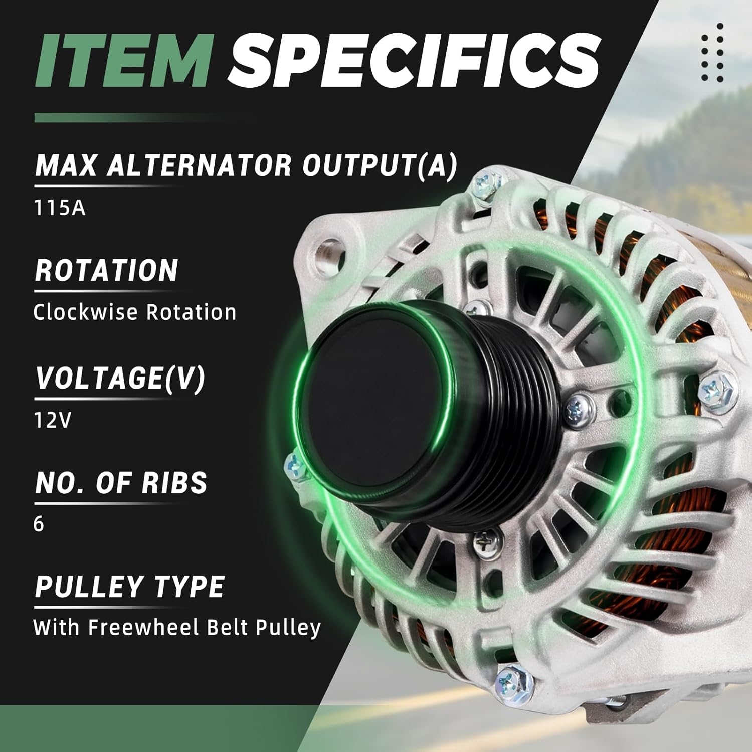 11231N Alternator-115A Fits for Chrysler 200/Cirrus/Sebring Dodge Avenger/Caliber Jeep Compass/Patriot, L4 2.0L/2.4L, 2007-2017 - 12V Clockwise, 6-Groove Clutch Pulley - Image 4