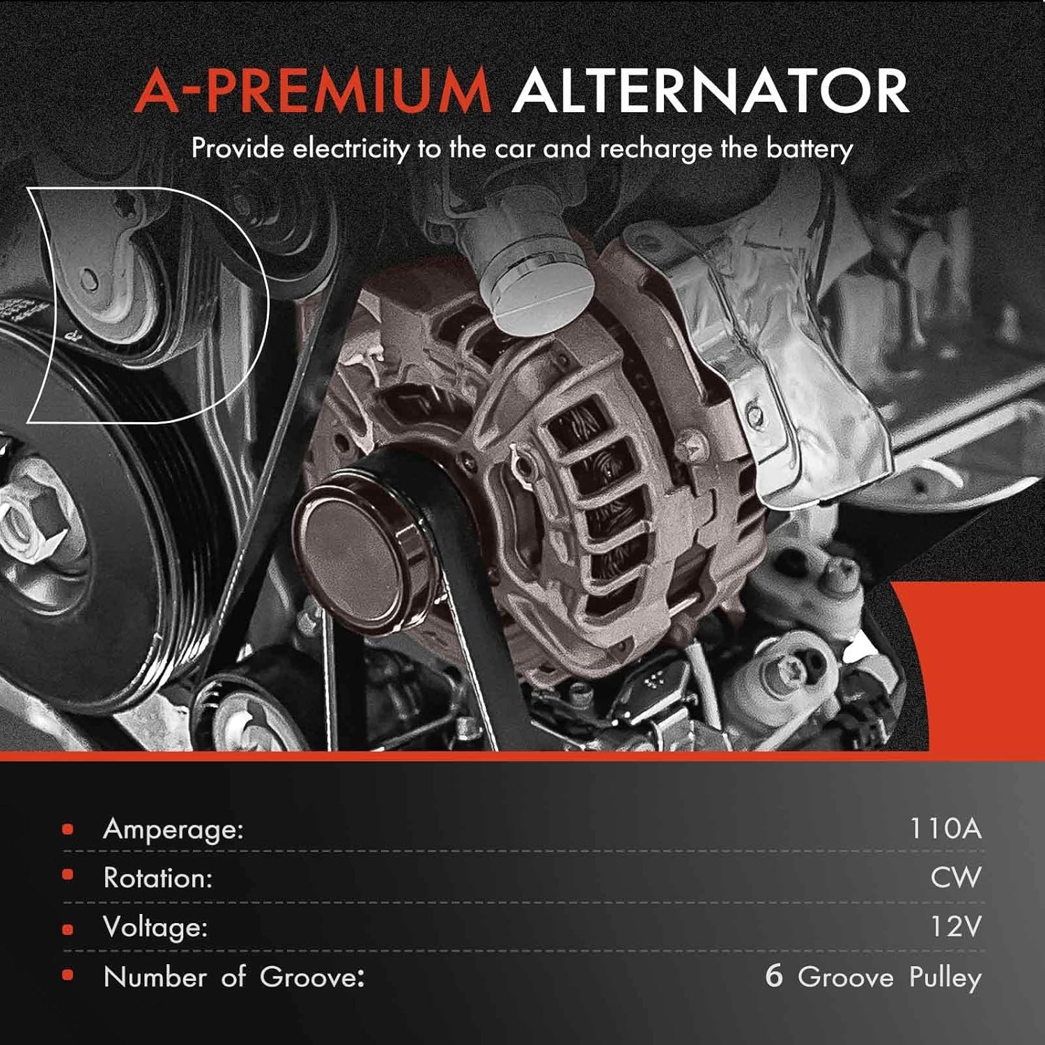 A-Premium Alternator Compatible with Mazda 6 2003-2008 V6 3.0L, 12V 110A 6-Groove Pulley Clockwise, Replace A3TJ0291, 11007N - Image 2