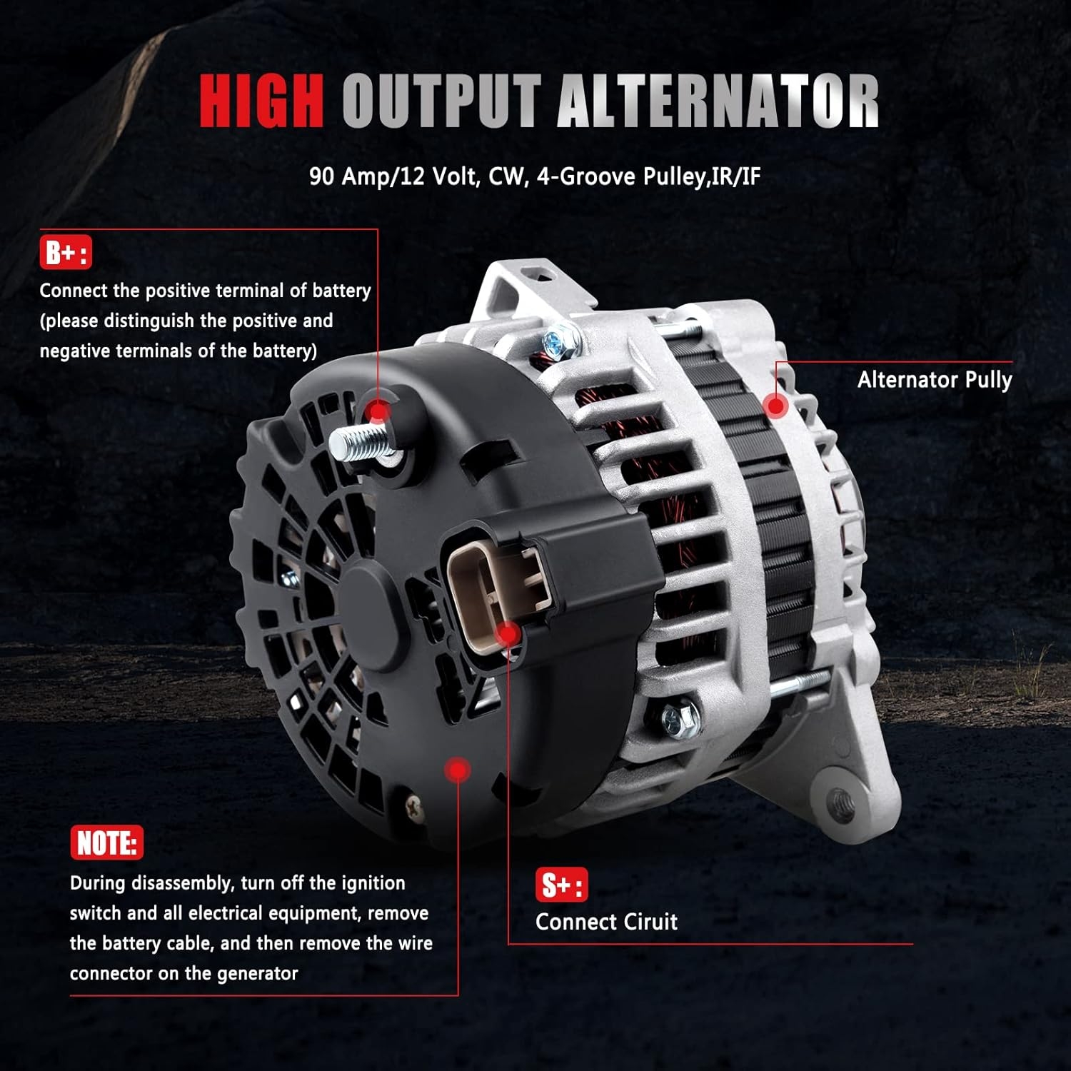 New Alternator Compatible for Hyundai Accent 2006-2009 1.6L for Tiburon 2004-2007 2.0L for Tucson 2006-2009 2.0L, 90AMP/12 Volt Alternator AVA0048 113657 37300-22650 2655023 - Image 4