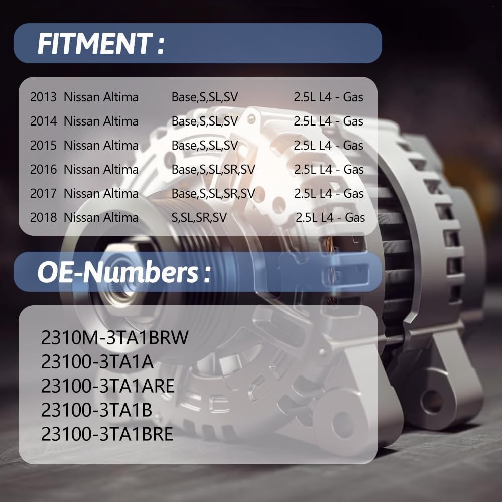 Alternator Replacement 23100-3TA1A Compatible with Nissan Altima 2013-2018 2.5L L4 Gas, 12V 110A 6-Groove Pulley CW Replace 231003TA1B - Image 2