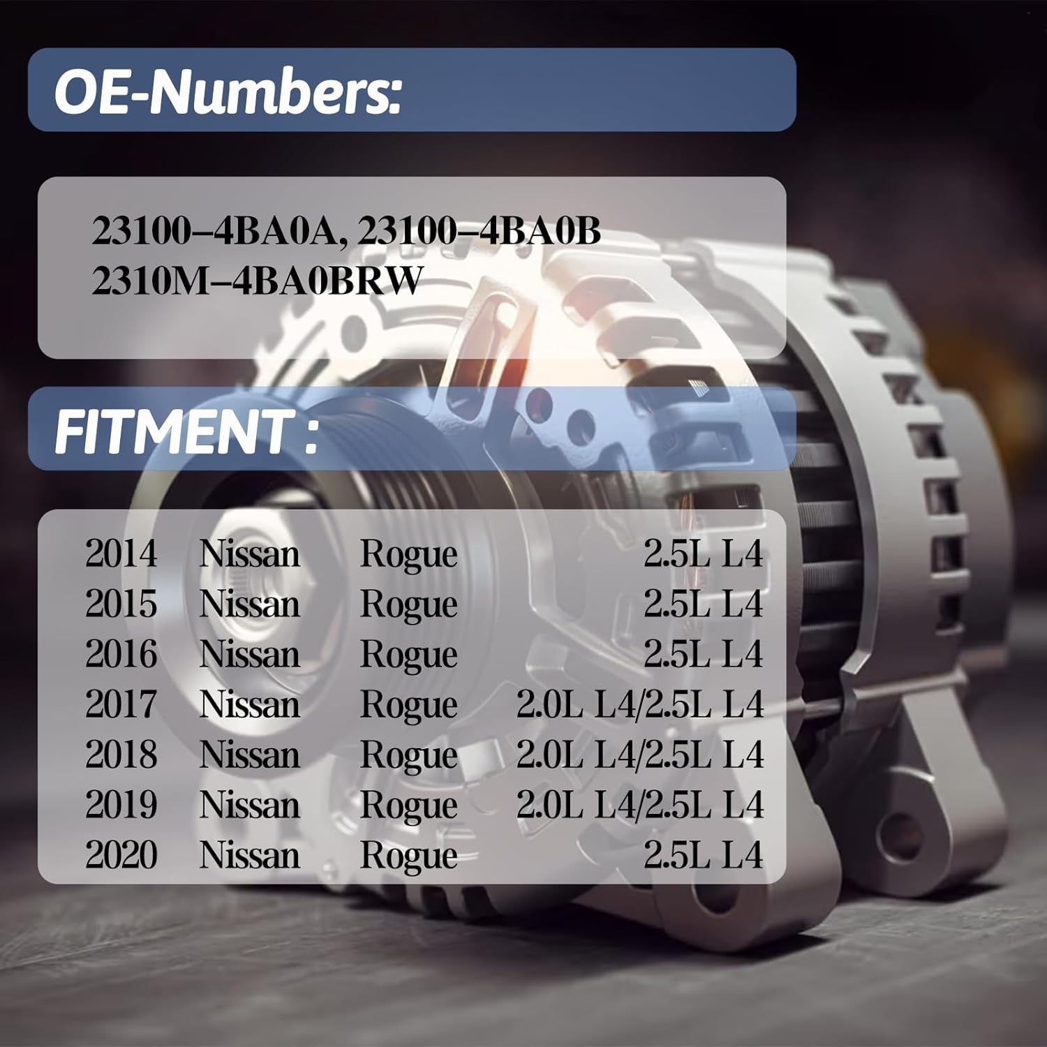 Alternator Replace 231004BA0B Compatible with Nissan Rogue 2014-2020 2.5L, for Nissan Rogue 2017-2019 2.0L,12V 120A 6-Groove Clutch Pulley Clockwise - Image 2