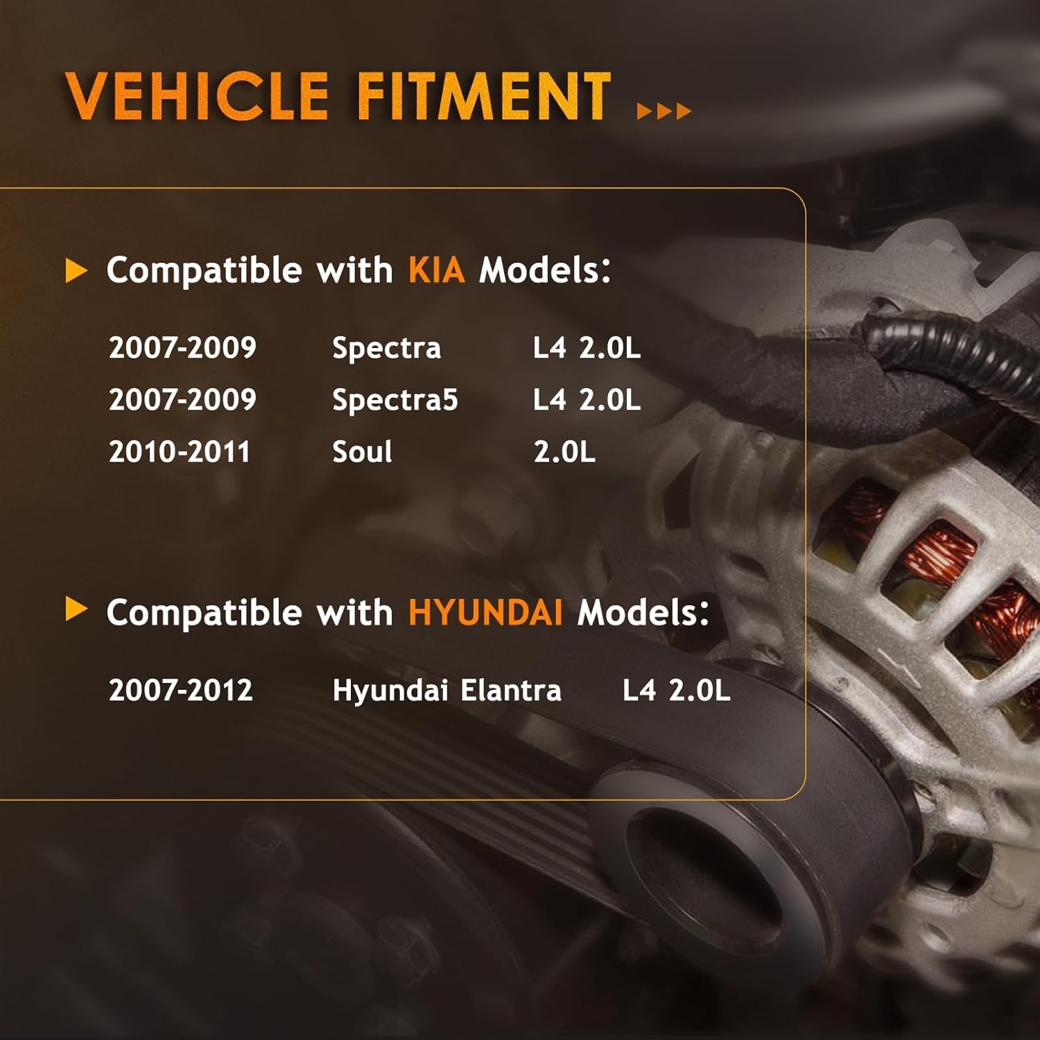 Alternator Replacement For Hyundai Elantra 2.0L 2007-2012, For Kia Soul 2.0L 2010 2011, Spectra 2.0L L4 2007-2009, 2655635, 600162, 3730023650, AVA0102, 40046020, 40046031, 11311N - Image 3