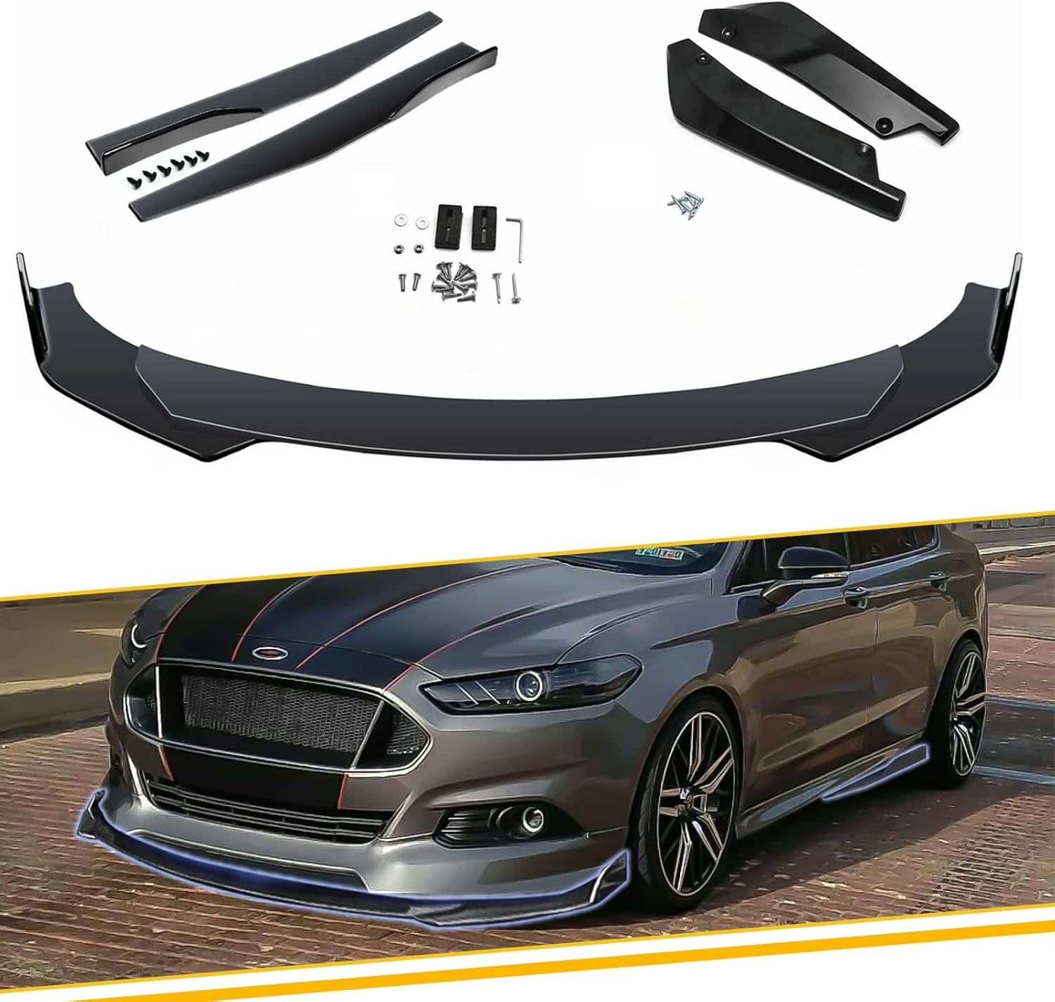 x xotic tech Front Bumper Lip Spoiler + Side Skirt Splitter + Rear Bumper Lip Wrap Splitter Canard,Compatible with Ford Fusion Fiesta Focus (Black)