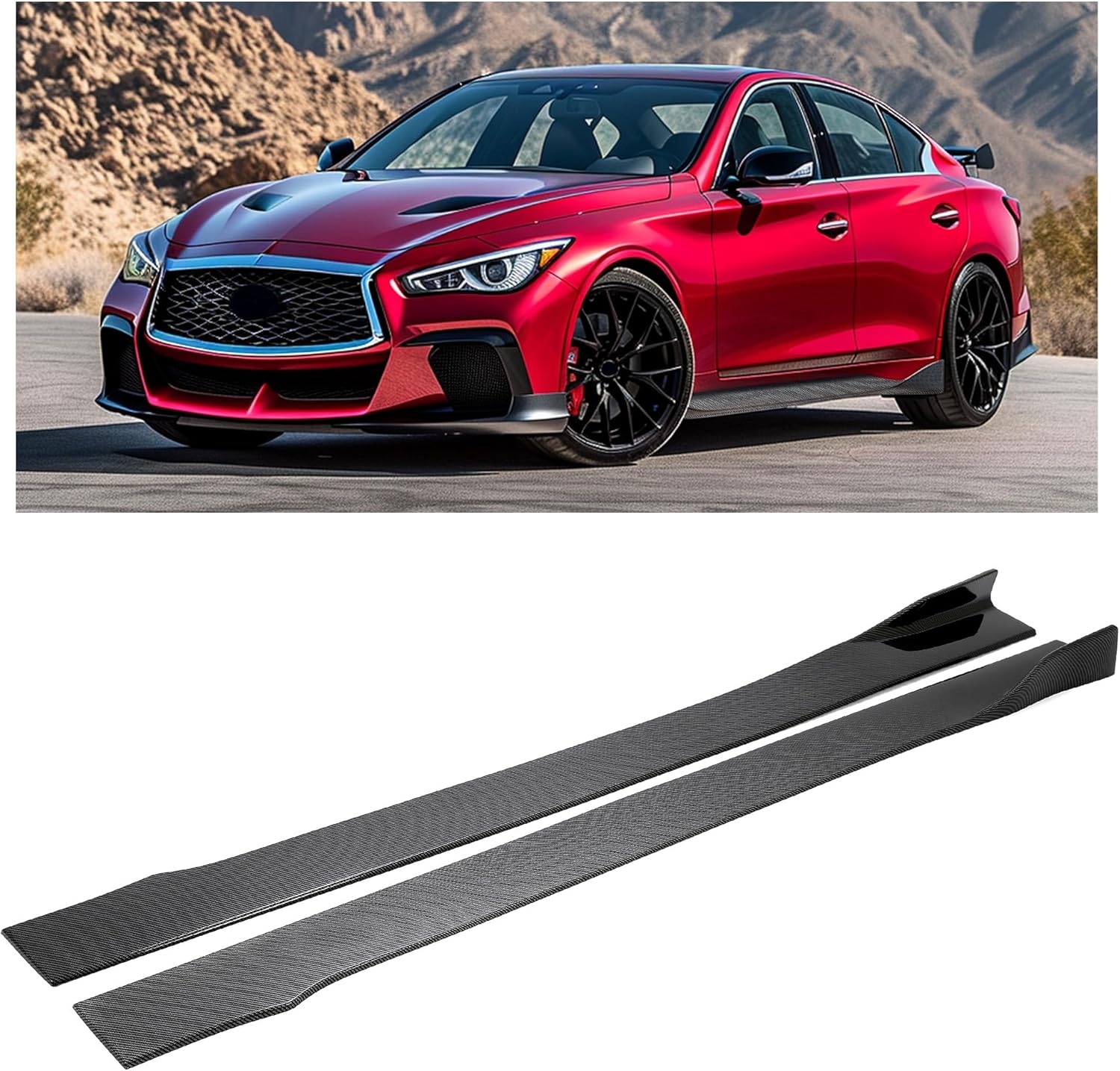 HECASA Pair Side Skirt Body Kit Replacement Compatible with 2014-2023 Infiniti Q50 All Model Rocker Panel Guard Extension Splitter Lip Carbon Fiber Look (ABS Plastic)