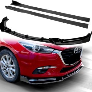 Q1-TECH, 9-Piece Front Bumper Lip – Side Skirt Extensions Diffuser Compatible with 2014 2015 2016 2017 2018 Mazda 3, Front Bumper Lip Spoiler Air Chin Body Splitter ABS (Painted Black)