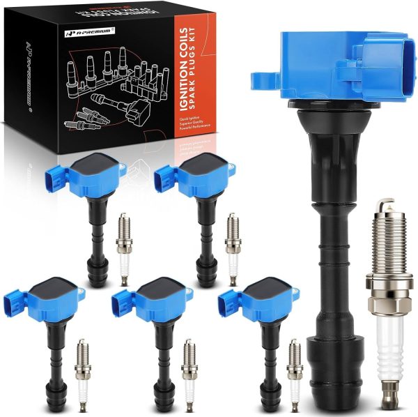 A-Premium (Blue) Set of 12 Ignition Coil Pack and Iridium Spark Plugs Compatible with Nissan V6 Series 350Z 2003-2006 & Infiniti FX35 2003-2008, G35 2003-2006, G35 2007, M35 2006-2008, 3.5L