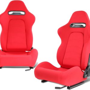DNA MOTORING 2PCS Racing Bucket Seats with Adjustable Backrest, Single Adjuster and Rail, Compatible with 4 Point Harness, Woven Fabric, Red, RS-JBR-005-RD